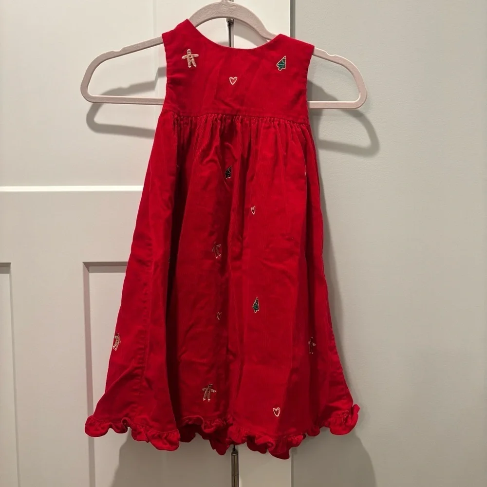 Corduroy Girls Red Dress Embroidered Gingerbread Men Christmas Trees